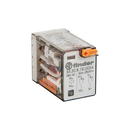 Finder 55 Series Miniature GP Relay 10A 2CO 110V AC Coil with PB plus LED plus Mech Indicator