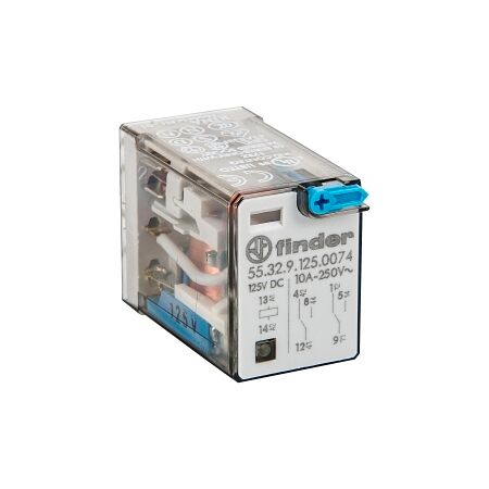 Finder 55 Series Miniature GP Relay 10A 2CO 125V DC Coil with PB plus LED plus Mech Indicator
