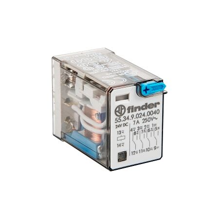 Finder 55 Series Miniature General Purpose Relay 7A 4CO 24V DC Coil with PB plus Mech Indicator