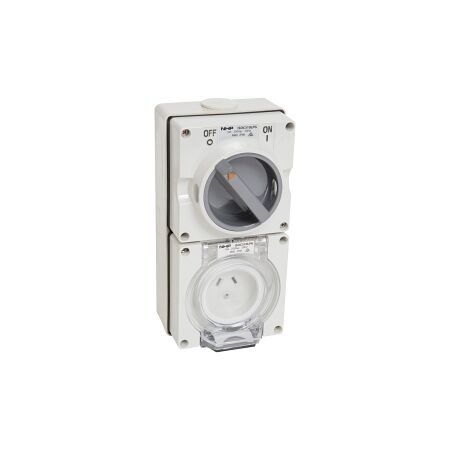 NHP ISO Switched Socket Outlet, 2 Flat Pins + 1 Round Earth 10A 250V AC, w/ Base, GY
