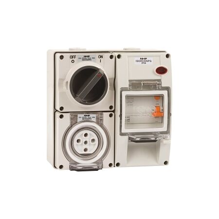 NHP ISO Switched Socket Outlet - RCD, 3 Flat Pins 15A 250V AC, w/ Base, GY