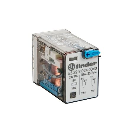 Finder 55 Series Miniature General Purpose Relay 10A 2CO 24V DC Coil with PB plus Mech Indicator