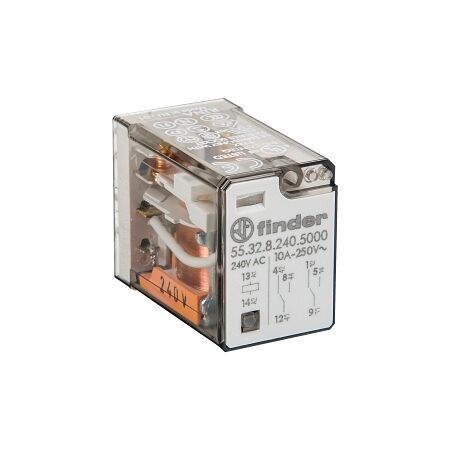 Finder 55 Series Miniature GP Relay 10A 2CO 240V AC Coil PB plus LED plus Mech Indi Gold Cont