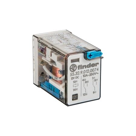 Finder 55 Series Miniature GP Relay 10A 2CO 24VDC Coil PB plus LED plus Mech Indi Gold Cont