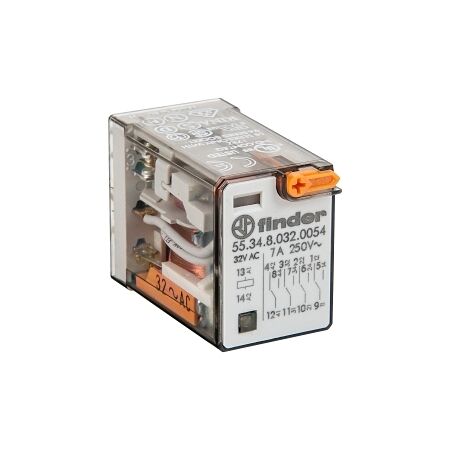 Finder 55 Series Miniature General Purpose Relay 7A 4CO 32V AC Coil with PB plus LED plus Mech Ind