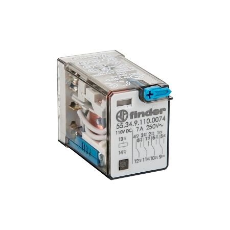 Finder 55 Series Miniature General Purpose Relay 7A 4CO 110V DC Coil with PB plus LED plus Mech Ind
