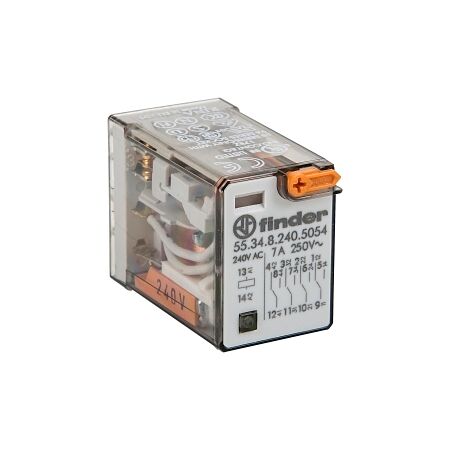 Finder 55 Series Miniature GP Relay 7A 4CO 240VAC Coil PB plus LED plus Mech Indi Gold Cont