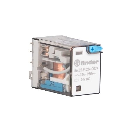 Finder 56 Series Miniature Power Relay 12A 2CO 24V DC Coil with PB plus LED plus Mechanical Ind