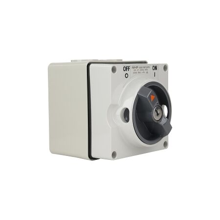 NHP ISO Surface Switch - Key, Lock in OFF, 2 Pole 32A 250V AC, w/ Base, Grey