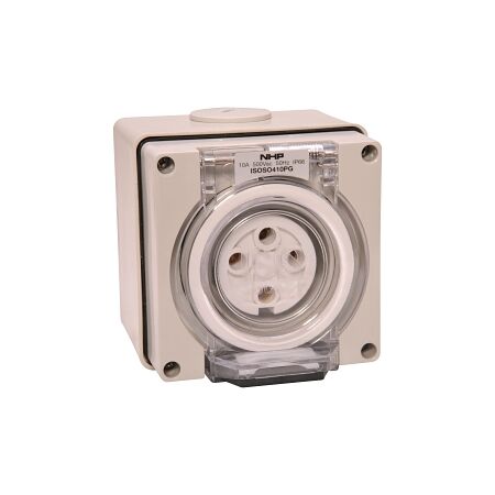 NHP ISO Socket Outlet, 4 Round Pins 10A 500V AC, w/ Base, Grey
