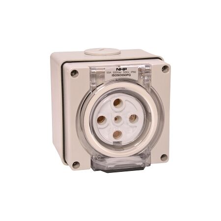 NHP ISO Socket Outlet, 5 Round Pins 50A 500V AC, w/ Base, Grey