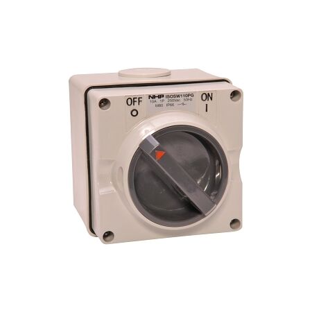 NHP ISO Surface Switch, 2 Pole 10A 250V AC, w/ Base, Grey
