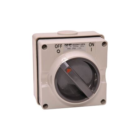 NHP ISO Surface Switch, 2 Pole 15A 250V AC, w/ Base, Grey