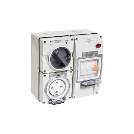 NHP ISO Switched Socket Outlet - RCD, 4 Round Pins 32A 500V AC, with Base, GY