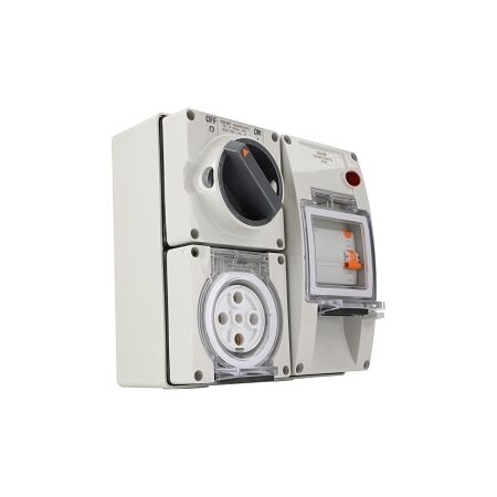 NHP ISO Switched Socket Outlet - RCD, 5 Round Pins 50A 500V AC, with Base, GY