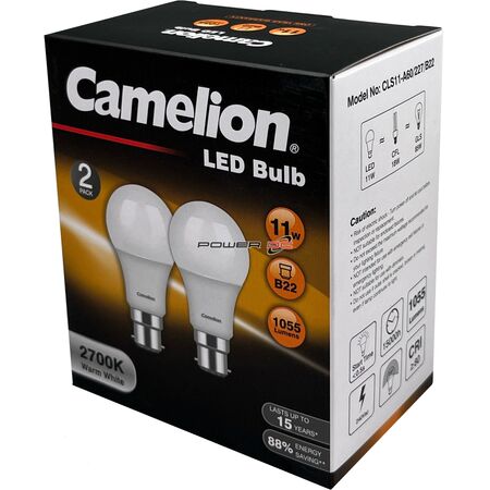 CAMELION LED LIGHT GLOBE 11W 240V BAYONET 2PK - WARM 2700K