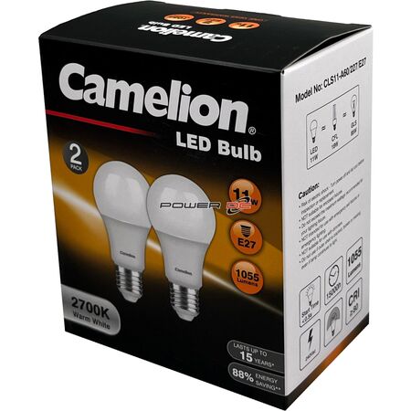 CAMELION LED LIGHT GLOBE 11W 240V EDISON 2PK - WARM 2700K