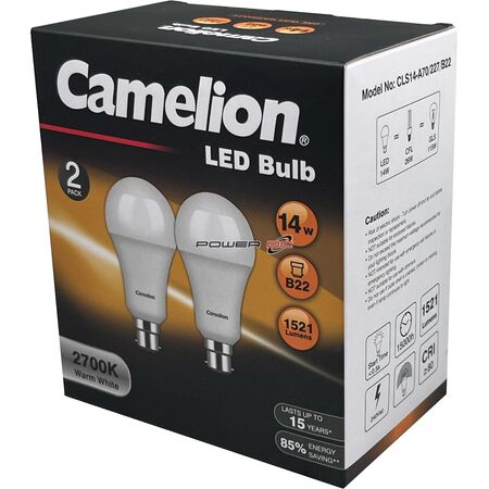 CAMELION LED LIGHT GLOBE 14W 240V BAYONET 2PK - WARM 2700K