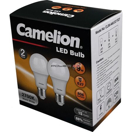 CAMELION LED LIGHT GLOBE 9W 240V EDISON 2PK - WARM 2700K