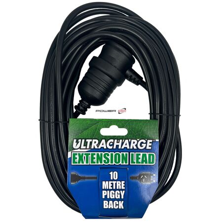 ULTRACHARGE 10M BLACK EXTENSION LEAD WITH PIGGY BACK PLUG