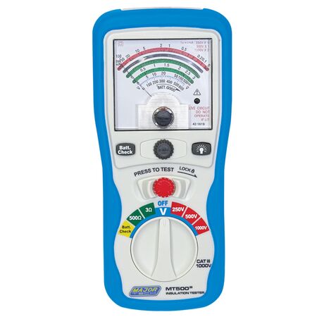 Analogue Insulation Tester | 250V, 500V, 1000V Test Ranges | Live Circuit Warning & Backlit Display by Majortech