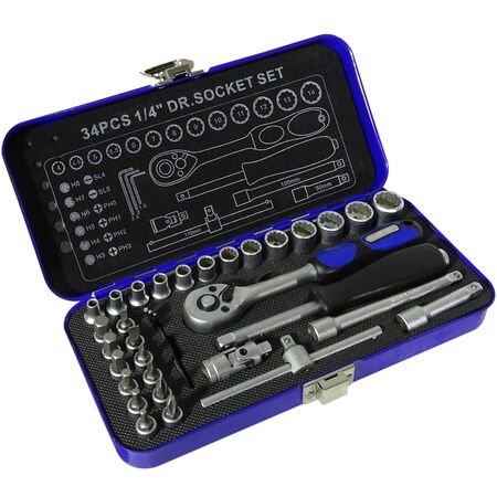 34pc Ratchet Socket Set | Chrome Vanadium Steel | Quick-Release Ratchet & Extension Bars | Sturdy Metal Case by Majortech