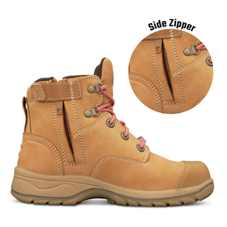 Wheat Zip Sided Boot | Water Resistant Leather | Steel Toe & Slip Resistant | Quick Release Zipper by Oliver