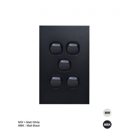 Vertical 5 Gang Switch 16AX/20A | 250V | Matt Black by Trader