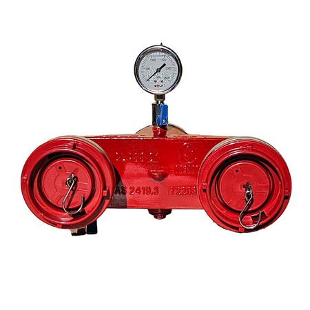 Dual Booster Valve Rear Outlet Storz Assembly | 304 Stainless Steel | 2100 kPa Working Pressure | Red Finish by Firebox