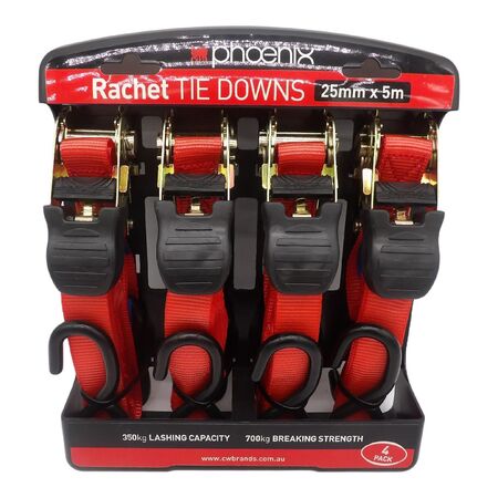 Ratchet Tie Down Strap 25mm x 5m | 350kg Load Rating | Weather-Resistant | Pack of 4 by CW Brands
