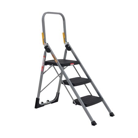 Industrial 3 Step Steel Ladder | 120kg Load Capacity | Compact Folding Design & Transport Wheels | by Gorilla Hartman