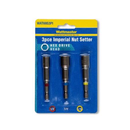 Nut Setter Kit Magnetic Hexagonal 3pce Length 65mm Imperial Sizes 1/4", 5/16", 3/8"