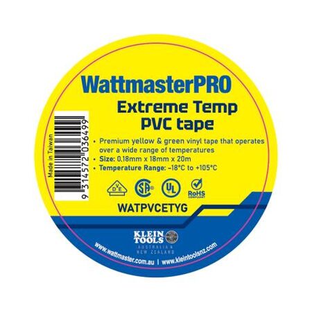 Insulation Tape PVC Extreme Temperature -18 to +105°C Width 18mm x Length 20m x Thickness 0.18mm Green/Yellow