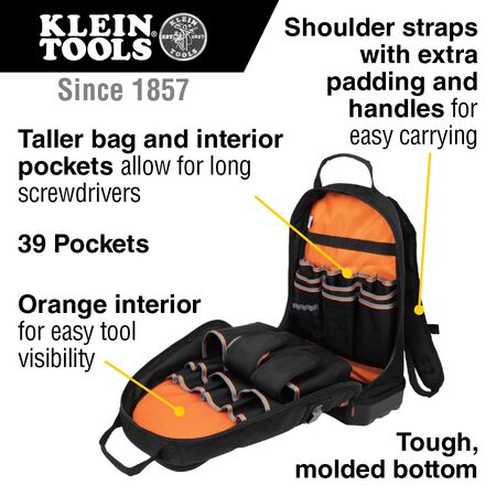 Tradesman Pro™ Tool Bag Backpack, 39 Pockets, Black, 36.8 cm