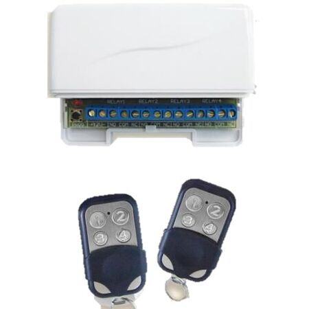 4-Relay Receiver with 2 Remote FOBs | SPDT Outputs | Expandable to 500 Remotes | by Dicker Data