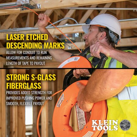 Fibreglass Fish Tape with Spiral Steel Leader, 15 m