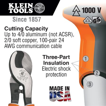 Electrician's Cable Cutter, Insulated, High Leverage