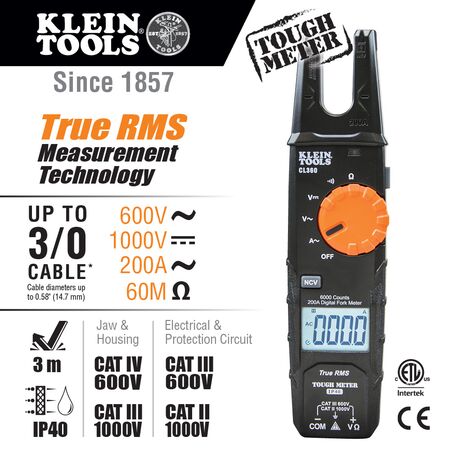 Electrical Tester, Open-Jaw Fork Meter, AC Auto-Ranging, 200 Amp