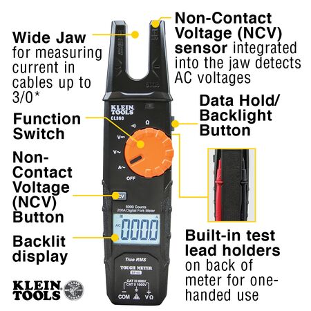 Electrical Tester, Open-Jaw Fork Meter, AC Auto-Ranging, 200 Amp