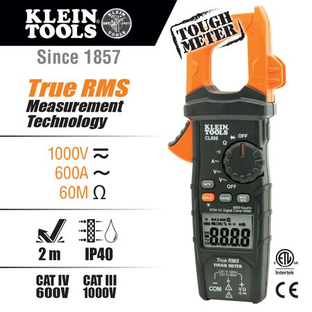 Digital Clamp Meter, True RMS, AC Auto-Ranging, 600 Amp