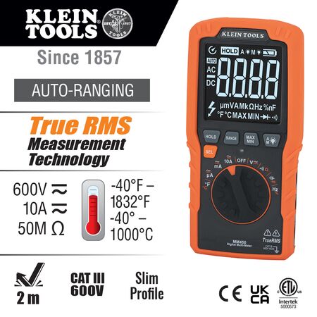 Slim Digital Multimeter, TRMS Auto-Ranging, 600V, Temp