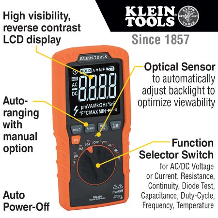 Slim Digital Multimeter, TRMS Auto-Ranging, 600V, Temp