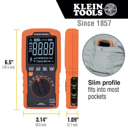 Slim Digital Multimeter, TRMS Auto-Ranging, 600V, Temp