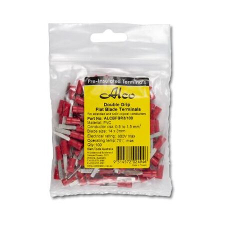 Crimp Terminal Pre-Insulated Flat Blade Width 3mm x Length 14mm 0.5-1.5mm² Red 100 Pack