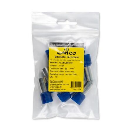 Bootlace Terminal Pre-Insulated Blue 50mm² Length 20mm 10 Pack