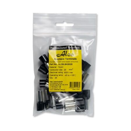 Bootlace Terminal Pre-Insulated Black 25mm² Length 16mm 25 Pack