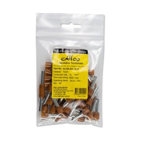 Bootlace Terminal Pre-Insulated Brown 10mm² Length 18mm 50 Pack