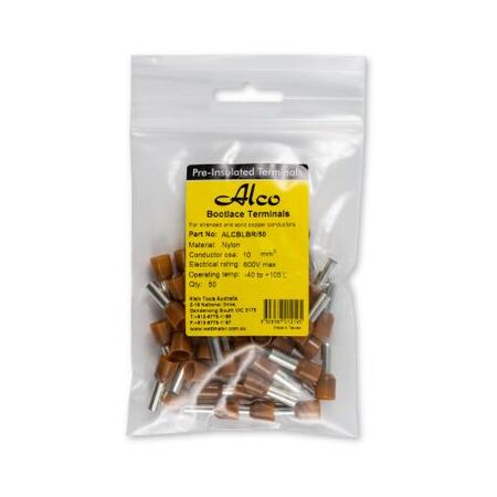 Bootlace Terminal Pre-Insulated Brown 10mm² Length 12mm 50 Pack