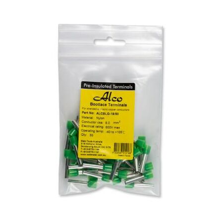 Bootlace Terminal Pre-Insulated Green 6mm² Length 18mm 50 Pack