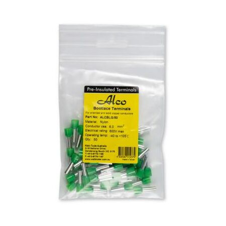 Bootlace Terminal Pre-Insulated Green 6mm² Length 12mm 50 Pack